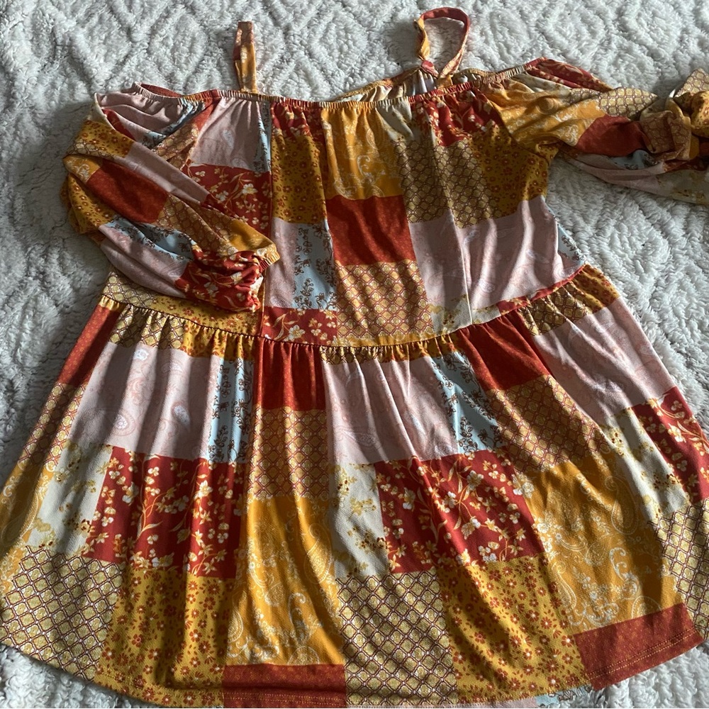 Cato Patchwork Cold Shoulder Top Womens 18/20W Orange Yellow Cottage Core Boho